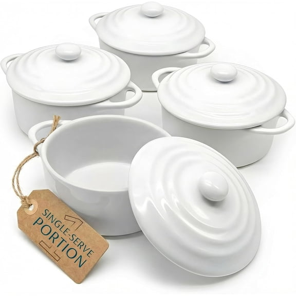 Ceramic Mini Cocotte Set with Lids and Handles 12 oz Oven Safe to 350F Microwave and Dishwasher Safe Stoneware Set of 4 Swiss White