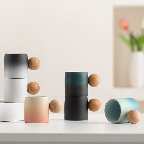 Ceramic Mini Coffee Cup with Wooden Ball Handle, Gradient Glaze Small Tea Cup for Home or Office Use