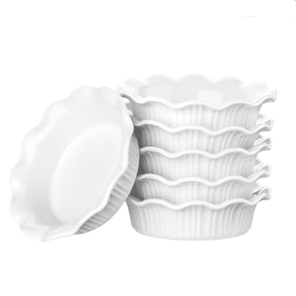 Ceramic Mini Pie Pans, 5.5 Inches Small Pie Dishes Ramekins with Ruffle Edge, Baking Pie Plates for Apple Pie, Quiche, Pot Pies, Tart, Oven an Microwave Safe, White, Set of 6