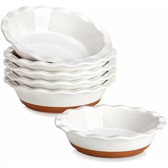 Ceramic Mini Pie Pans Set of 6, 6 Inch Pie Plates for Baking with Ruffled Edge, Small Quiche Baking Dish Pans Tart Pans, Individual Pot Pie Plates, Microwave & Oven Safe, Khaki White