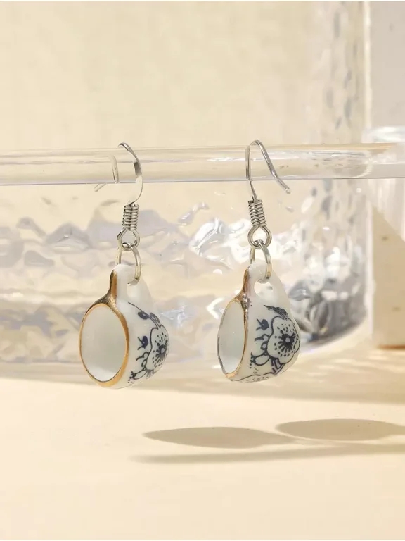 Ceramic Mini Teacup Dangle Earrings With Floral Pattern Multicolor