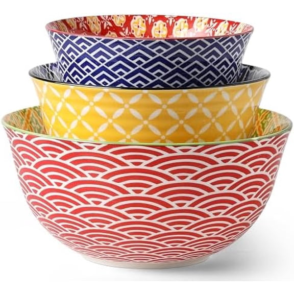 Ceramic Mixing Bowls for Kitchen, Colorful Nesting Bowls, Large Serving Bowls for Prepping, Baking, Mixing, Salad, Microwave Dishwasher Safe, 3.7/2.3/1.4 Qt, Set of 3$$Home Decor, Kitchen, & Other