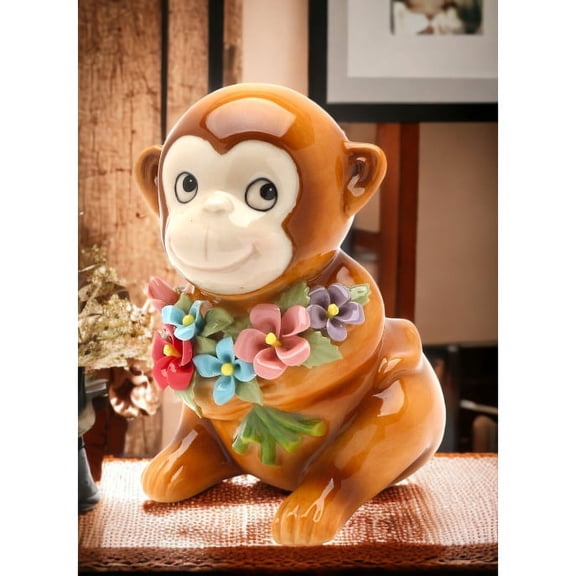 Ceramic Monkey Flowers Figurine Daughter Nature