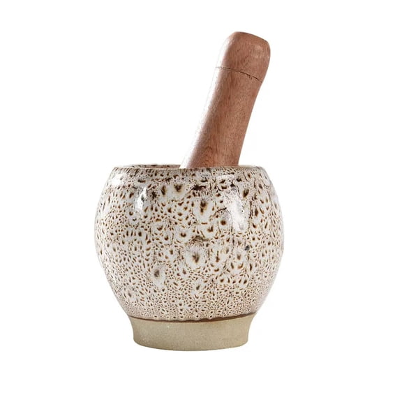 Ceramic Mortar Bowl with Wooden Pestle, Pill Crusher, Spice Grinder, Herb Bowl, Pesto Powder, Retro Spotted Pattern Design, 3.9in