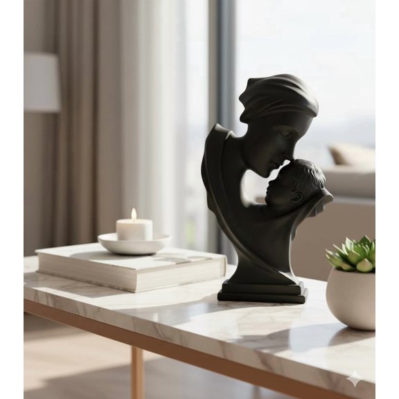 Ceramic Mother & Child Statue, Family Statue, Resin Thinker Sculpture - Black | Home Dcor Items, For Living Room Showpiece, Drawing Room, Corner Bedroom | Table Artifact, Modern Art Statue