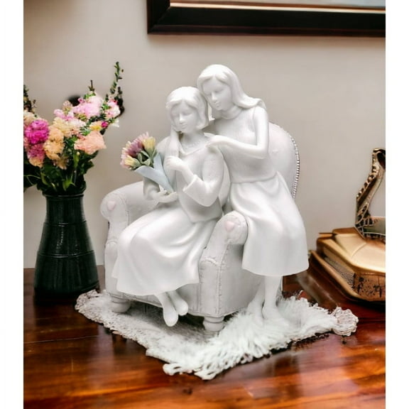 Ceramic Mother Daughter Figurine White Bisque Colorful Flower Bouquet 5 7/8"