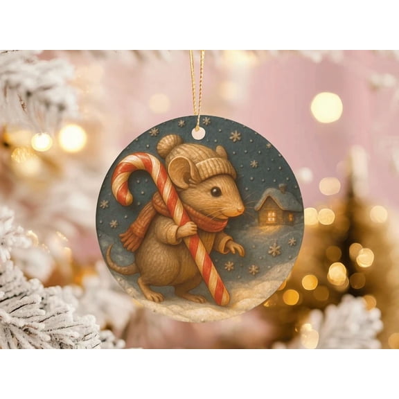 Ceramic Mouse Ornament With Candy Cane Cute Woodland Christmas Cozy Festive Gift 2D FLAT CIRCLE Ceramic Ornament