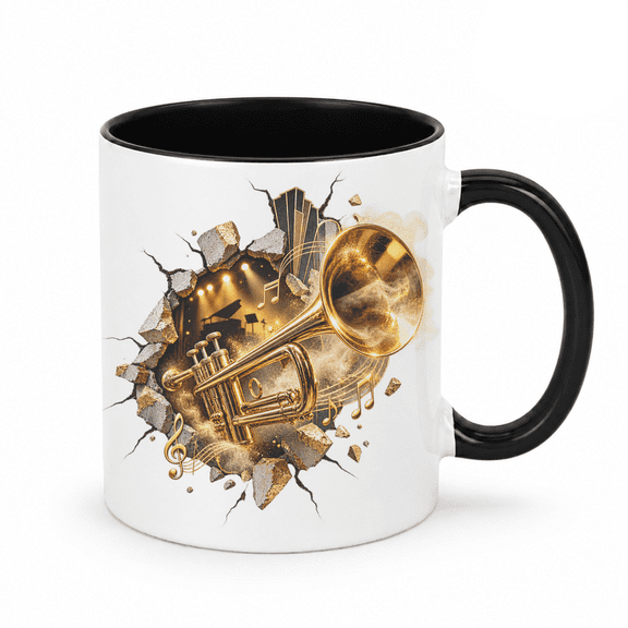 Ceramic Mug 11oz Coffee Cup Gold Trumpet Jazz Music Art Wall Decor Drinkware Gift for Trumpet Players Musicians Music Lovers