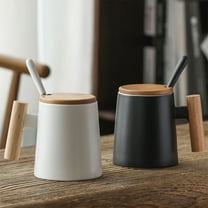 Ceramic Mug 450ml With Tea Infuser | Wood Handle Porcelain Coffee Cup | Loose Leaf Tea Brew | Lid & Spoon | Insulated Design | Gift For Home Office | 1pcs Black White