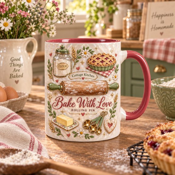 Ceramic Mug Bake With Love Rolling Pin Coffee Cup for Bakers