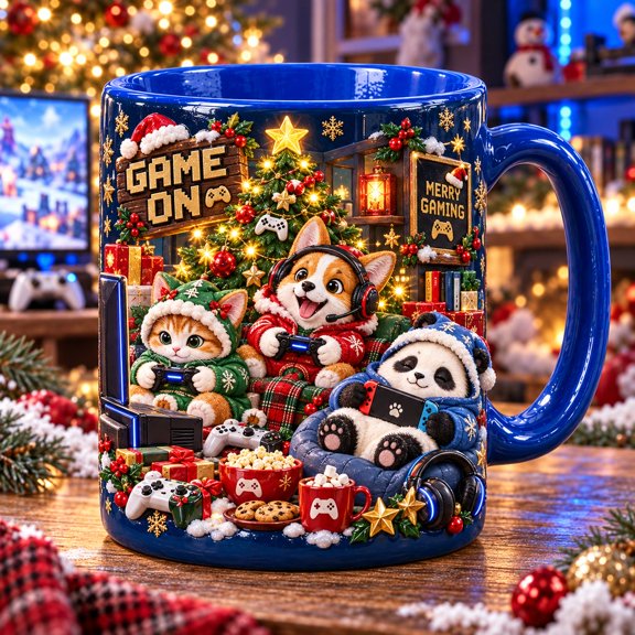 Ceramic Mug Christmas Gaming Cat Corgi Panda Controller Coffee Cup for Gamers