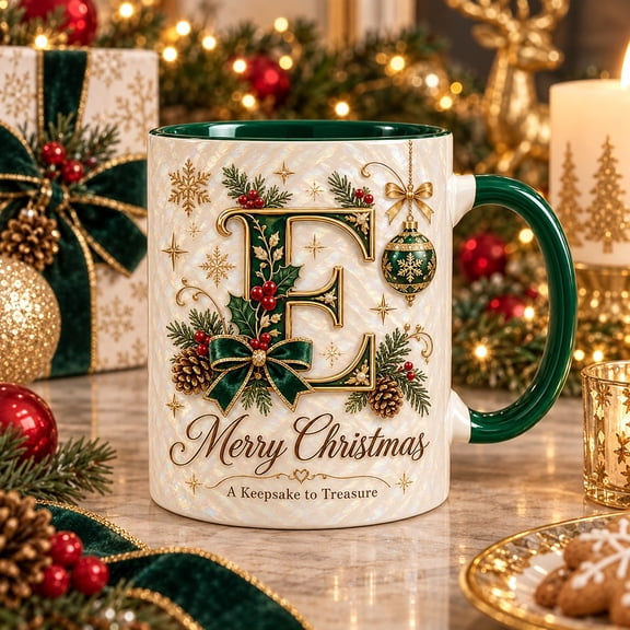 Ceramic Mug Christmas Monogram Initial Emerald Cream Gold Coffee Gift