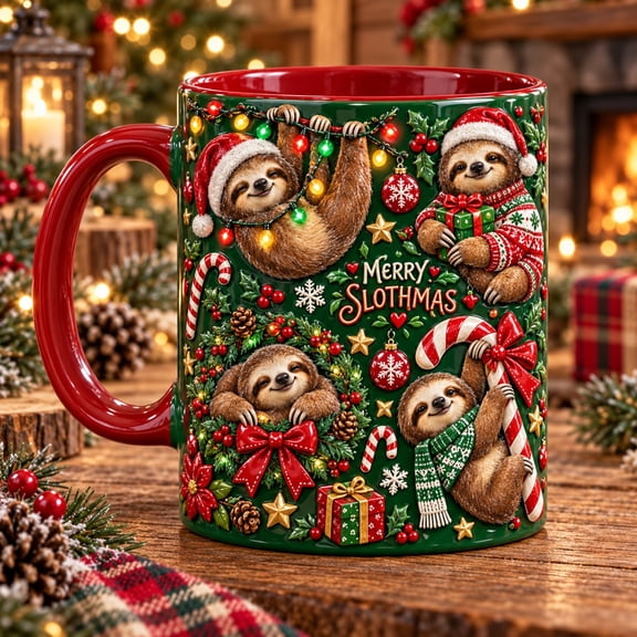 Ceramic Mug Christmas Sloth Santa Hat Sweater Coffee Cup for Holiday Gift Giving