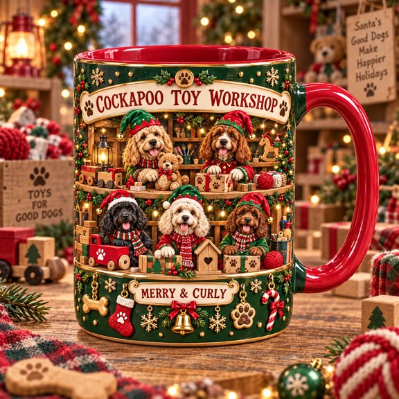 Ceramic Mug Cockapoo Christmas Toy Workshop Hot Drink Cup for Dog Lovers