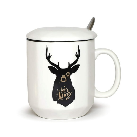 Ceramic Mug Cool Deer Design with Spoon and Lid