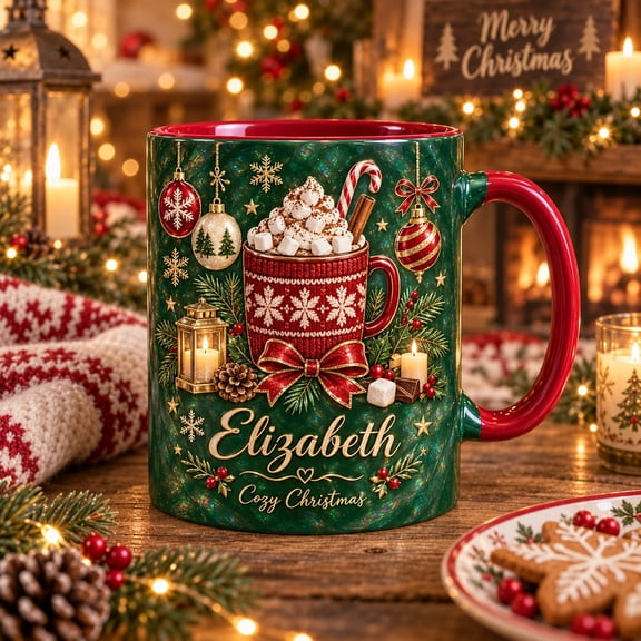 Ceramic Mug Cozy Christmas Knitted Pattern Custom Name Hot Cocoa Cup for Holiday Gifting