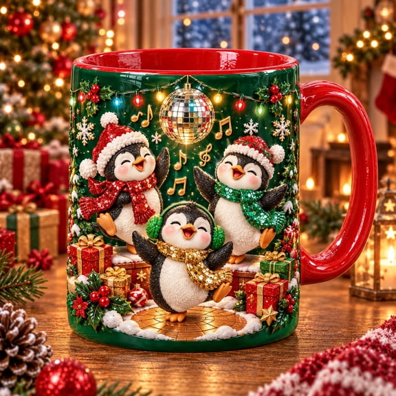 Ceramic Mug Dancing Penguins Holiday Party Coffee Cup for Christmas Gift Giving