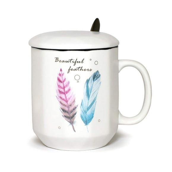Ceramic Mug Elegant Feather Design with Spoon and Lid