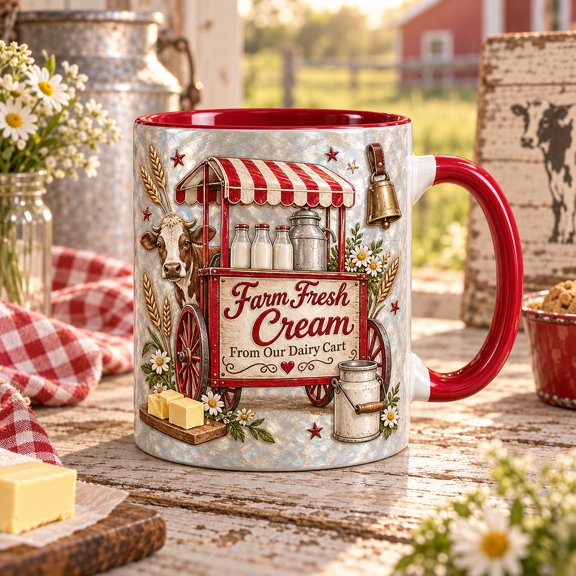 Ceramic Mug Farm Fresh Cream Dairy Cart for Morning Coffee, Country Kitchen Gift