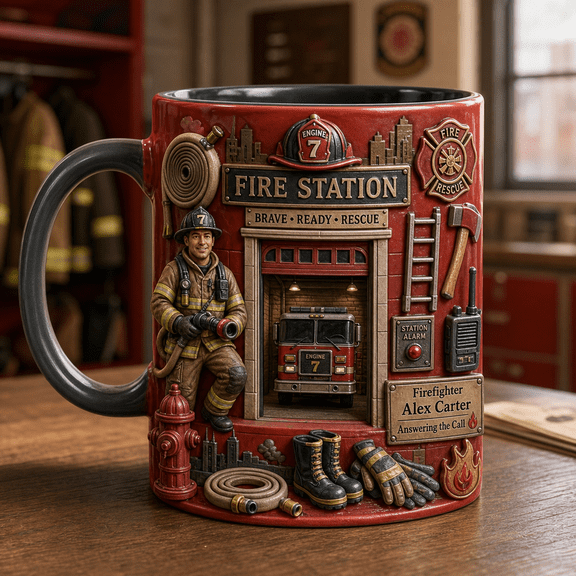 Ceramic Mug Fire Station Rescue Scene Ceramic Coffee Cup for Home or Office Firefighter Gift