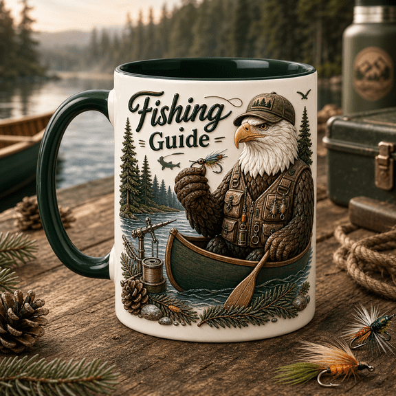 Ceramic Mug Fishing Guide Bald Eagle Canoe Ceramic Coffee Cup for Anglers