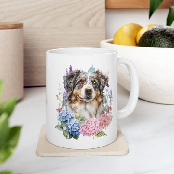 Ceramic Mug, Floral Australian Shepherd Dog Coffee Cup, Pet Lover Gift, Watercolor Puppy Tea Mug, Dog Mom Dad Gift, day Dog Mug, Unique.