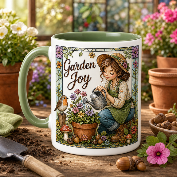 Ceramic Mug Garden Joy Floral Stained Glass Coffee Cup for Gardeners