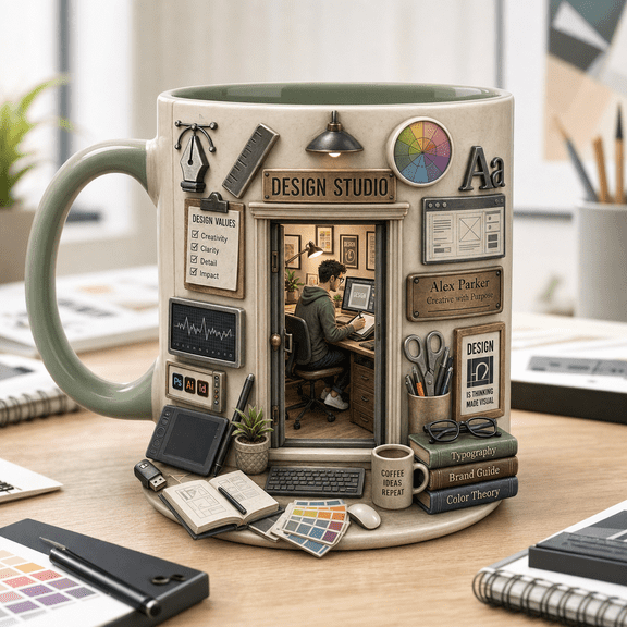 Ceramic Mug Graphic Designer Studio Scene Ceramic Desk Coffee Cup for Designers