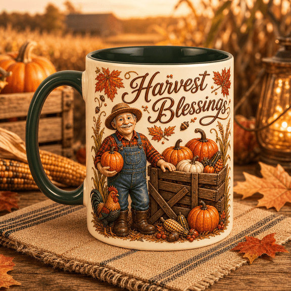 Ceramic Mug Harvest Blessings Farmer Pumpkin Rooster Ceramic Coffee Cup for Fall Mornings Farmers