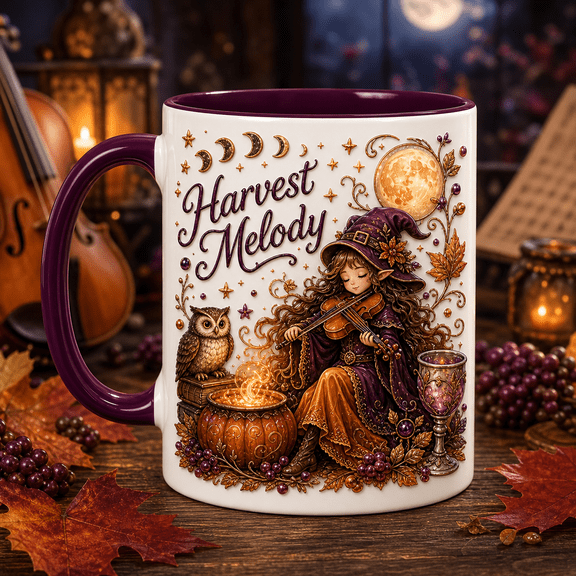 Ceramic Mug Harvest Melody Violin Owl Fantasy for Coffee or Tea Musicians