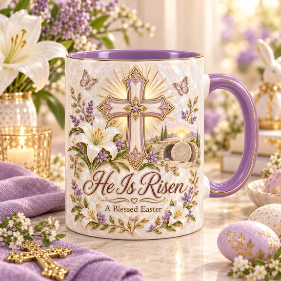 Ceramic Mug He Is Risen Cross and Lily Design for Christian Easter Gifts