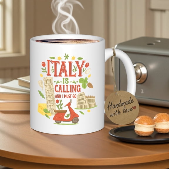 Ceramic Mug Inspired by Italy, Featuring The Design 'ITALIA IS CALLING'. This Wide-Mouth Coffee Cup Is Perfect for Camping And Makes a Great Gift for Home Or Office. It'S Dishwasher Safe And Showcase