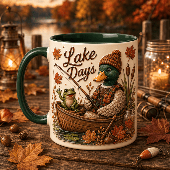 Ceramic Mug Lake Days Fishing Duck and Frog Ceramic Coffee Cup for Cabin Mornings Anglers
