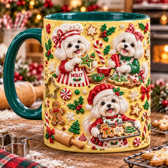 Ceramic Mug Maltese Christmas Cookie Decorating, Personalized Gift for Bakers