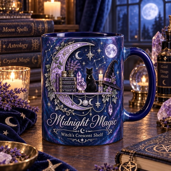 Ceramic Mug Midnight Magic Witch Crescent Shelf for Coffee, Witchcraft Gift