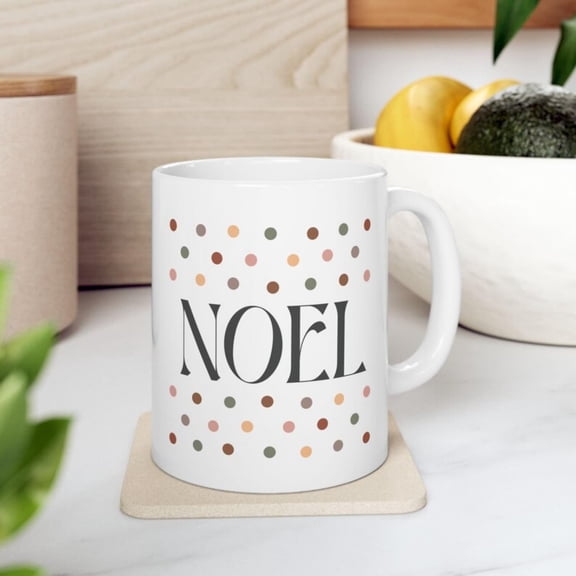 Ceramic Mug, NOEL Boho Design, Merry Cistmas Coffee Cup, day Gift, White Tea Mug, Fest Drinkware, Xmas Dration, Unique Present