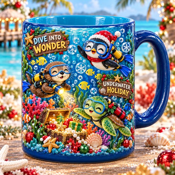 Ceramic Mug Penguin Otter Turtle Underwater Holiday Coffee Break Gift for Divers