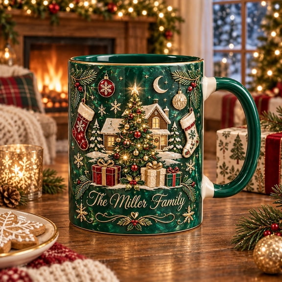 Ceramic Mug Personalized Christmas House and Tree Coffee Cup for Family