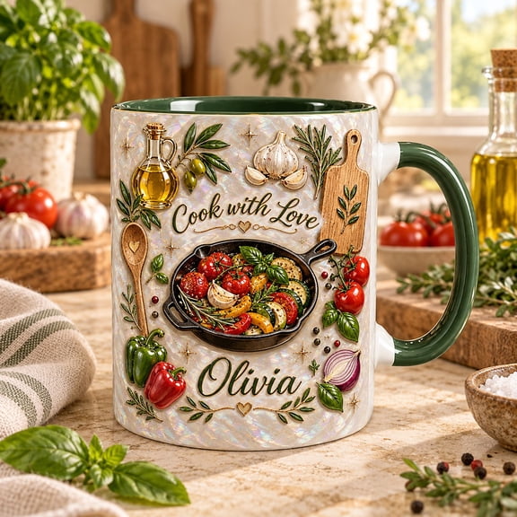 Ceramic Mug, Personalized Cook with Love Skillet and Vegetables for Kitchen Drinks, Cooking Lovers