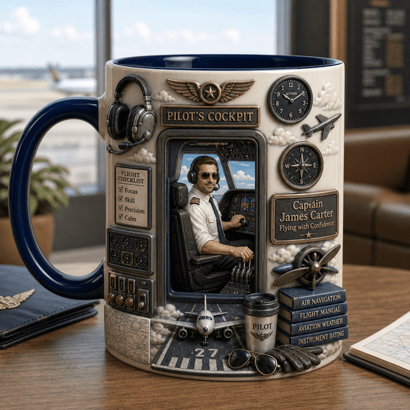 Ceramic Mug Pilot Cockpit Scene Coffee Cup for Desk or Office, Gift for Pilots