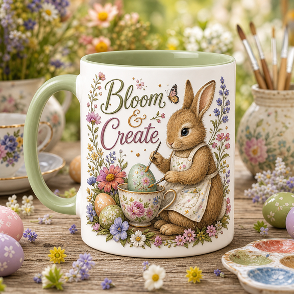 Ceramic Mug Rabbit Painting Eggs Floral Teacup Ceramic Coffee and Tea Cup for Artists
