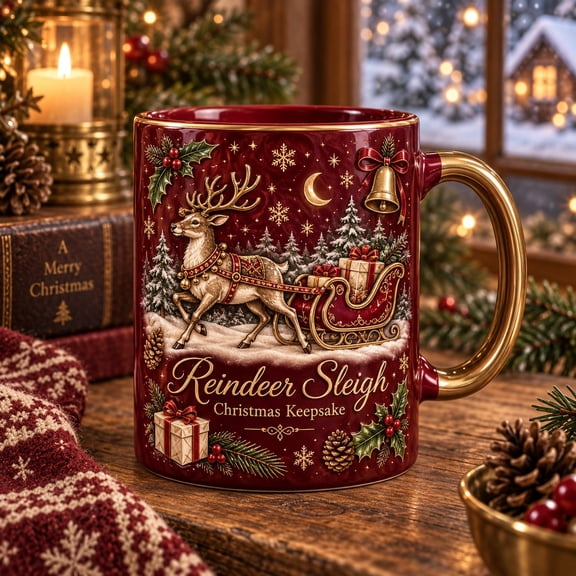 Ceramic Mug Reindeer Sleigh Christmas Keepsake for Holiday Coffee and Cocoa Lovers