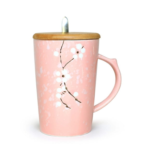 Ceramic Mug Sakura Floral Design with Spoon and Wood Lid