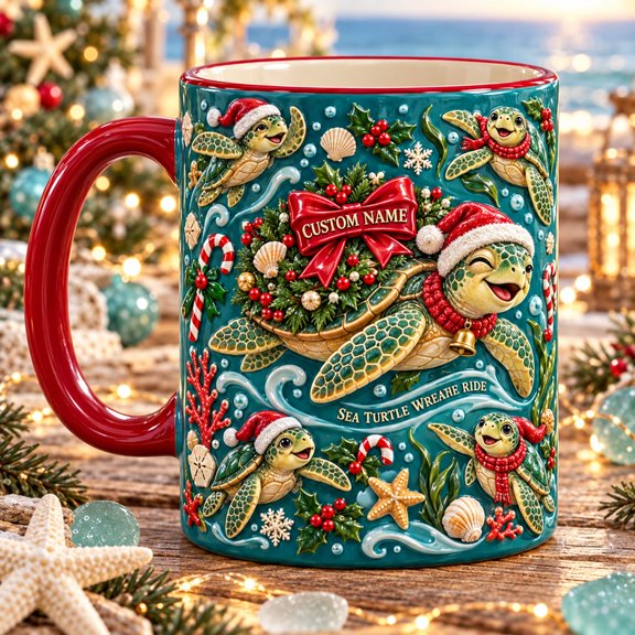 Ceramic Mug Sea Turtle Christmas Wreath Personalized Coffee Cup for Ocean Lovers