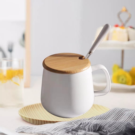 Ceramic Mug Set with Lid and Spoon, Coffee Cup Gift Couple Mug, Stackable Space-Saving Concise Style Ceramic Cup for Home and Office