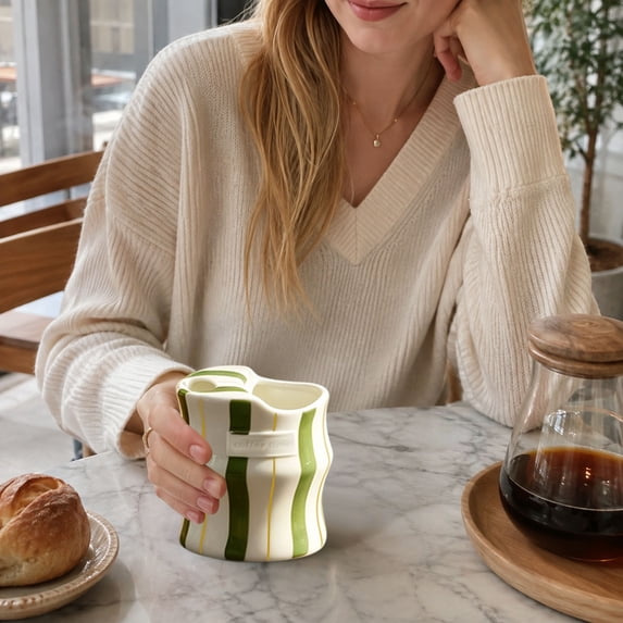 Ceramic Mug with Sip Hole, Simple 10oz Ceramic Coffee Cup with Straws, Retro Hand Painted Striped, for Iced Coffee Tea Latte Espresso, Kitchen Dining Travel