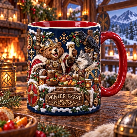 Ceramic Mug Viking Winter Feast Bear Wolf Raven Coffee Cup Gift for Norse Fans