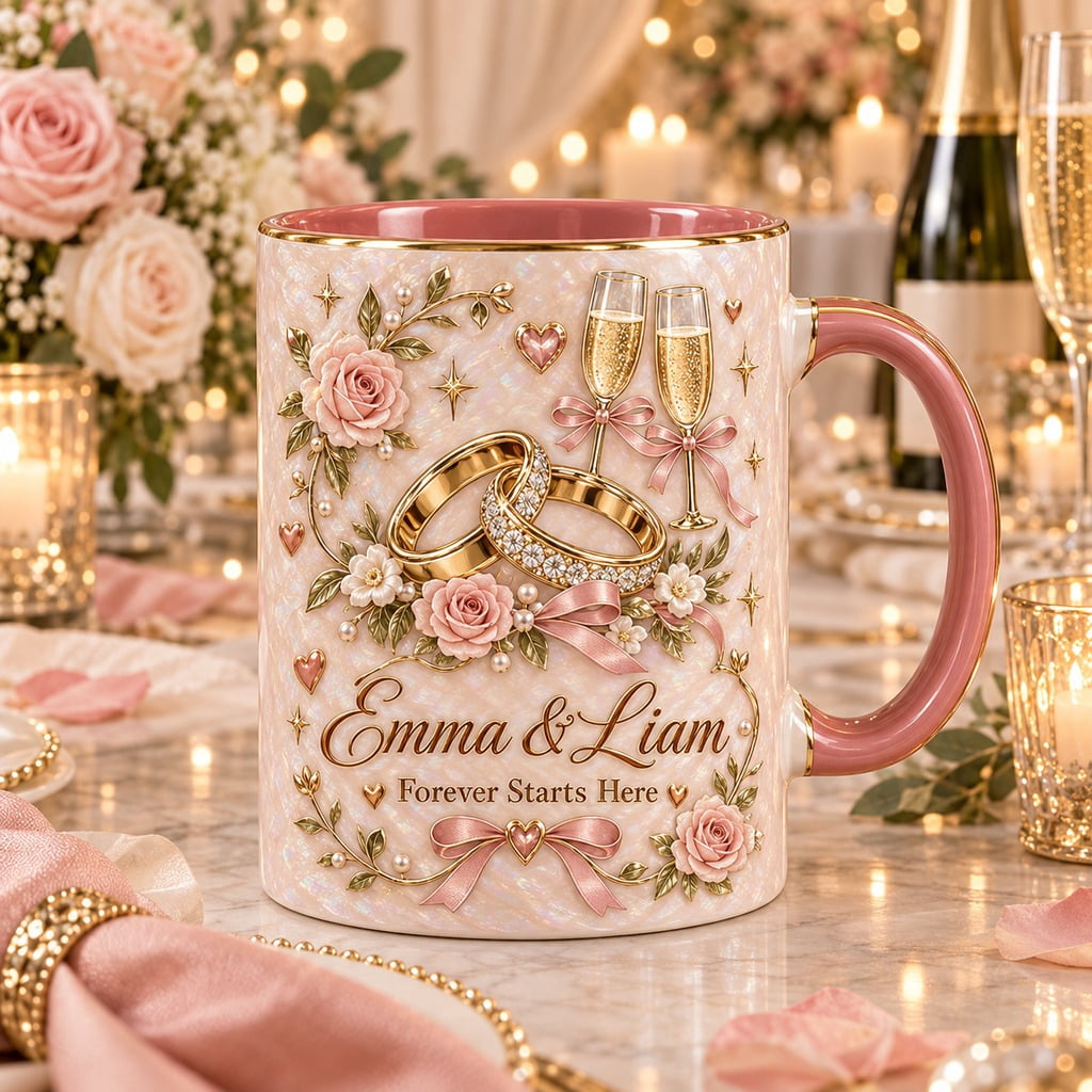 Ceramic Mug Wedding Rings and Roses, Coffee Cup for Engaged Couples ...