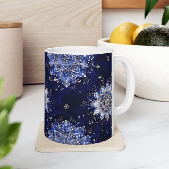 Ceramic Mug, sier od flowers mandala on deep blue background, Floral Coffee Cup, Tea Mug, Gift Her, Kitchen Dr, Boho Mug,.