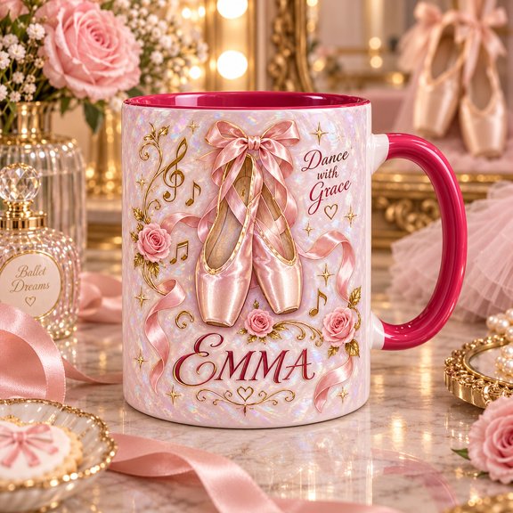 Ceramic Mug with Custom Name Ballet Slippers and Roses, Coffee Cup for Dance Lovers